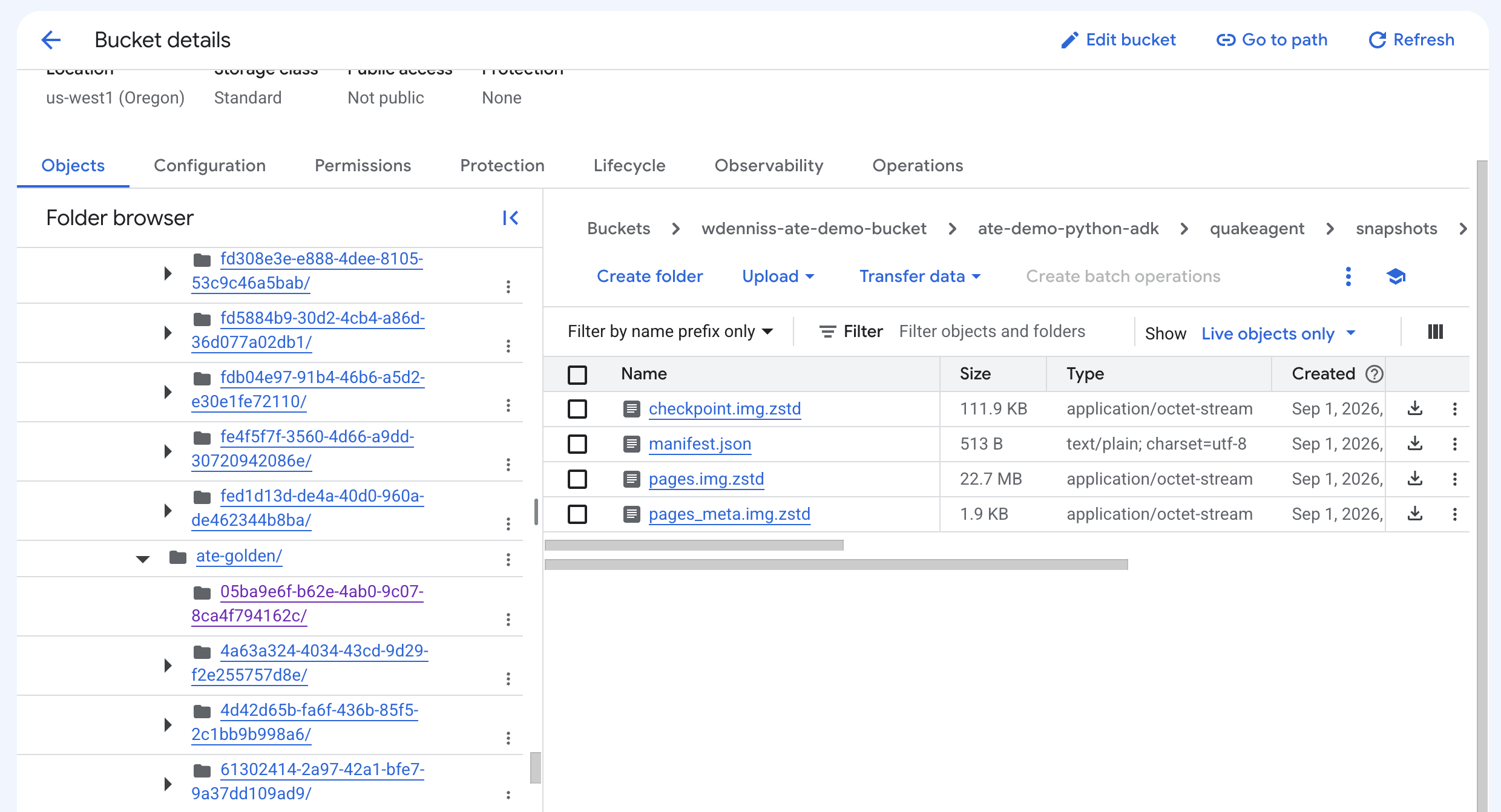 Golden and per-actor snapshots stored in the configured GCS bucket